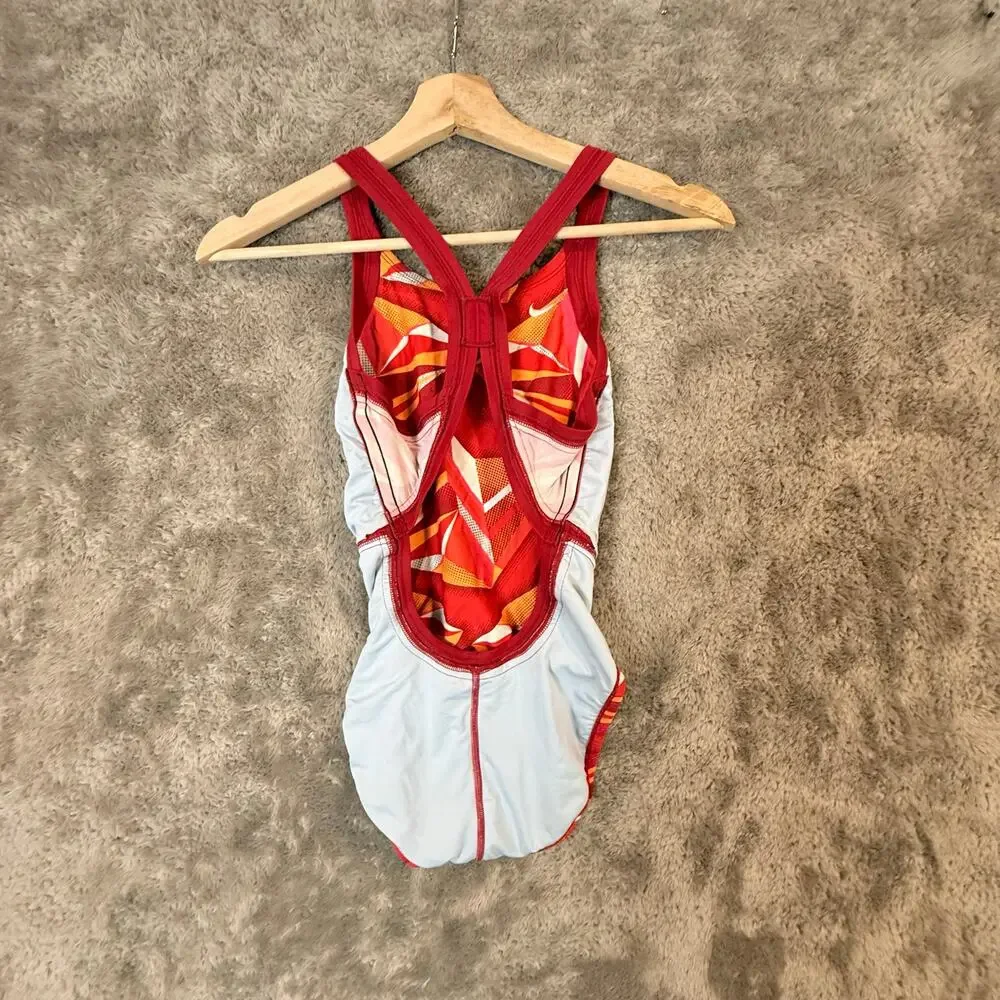 Nike Swimsuit Jagged Geo Red Orange Swimsuit One Piece Racerback 28 Girls 12
